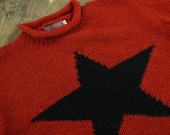 Pull en laine fait main tricoté en étoile ample, grosse maille 100 % laine pull col rond roulé orange brûlé noir