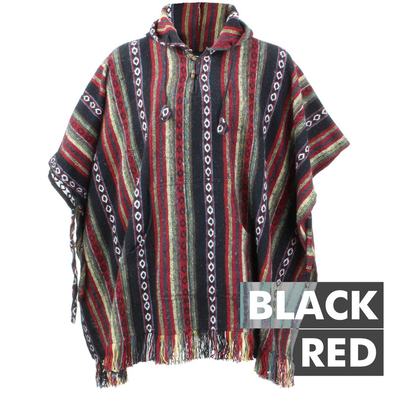 100% gewebte Baumwolle Gheri mexikanischen Stil Kapuzen Poncho Black Red