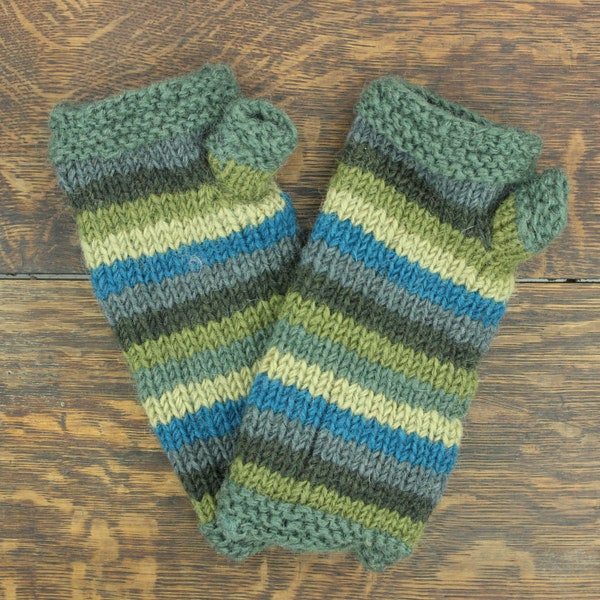 Hand Knitted Warm Wool Fleece Lined Handwarmers Bright Striped Green Teal Wrist Arm Warmers Fingerless Gloves Chunky Knit Mittens Unisex