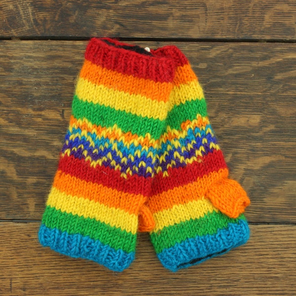 Hand Knitted Warm Wool Fleece Lined Handwarmers Bright Striped Zig Zag Rainbow Wrist Arm Warmers Fingerless Gloves Chunky Knit Mittens