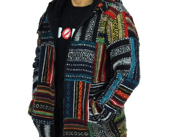 Patchwork Fleece Lined Soft Brushed Cotton Hooded Cardigan - Warm Nepalese Diamond Pattern Hoodie Hippy Jacket Hoody Zip Pockets Unisex