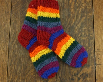 Pair of Hand Knitted Wool Socks Colourful Thick Chunky Knit Warm Winter Lounge Bed Boot Socks Bright Striped Rainbow Pattern