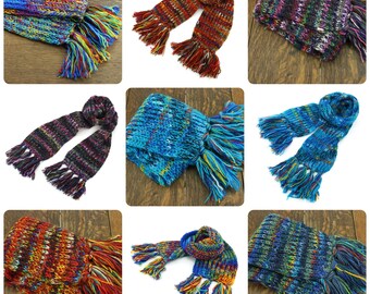 Hand Knitted Ribbed Wool Scarf Bright Rainbow Space Dye Mix Colourful Pattern Woolly Warm Winter Tassel Cosy Long Thick Chunky Rib Knit