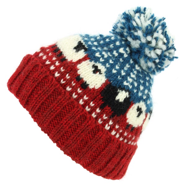 Hand Knitted Red Blue Teal Sheep Wool Beanie Bobble Hat Fleece Lined Men Ladies Warm Knit Woolly Winter Lining Ribbed Brim