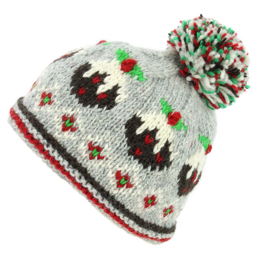 Hand Knitted Christmas Pudding Wool Beanie Bobble Hat Lined Warm Woolly