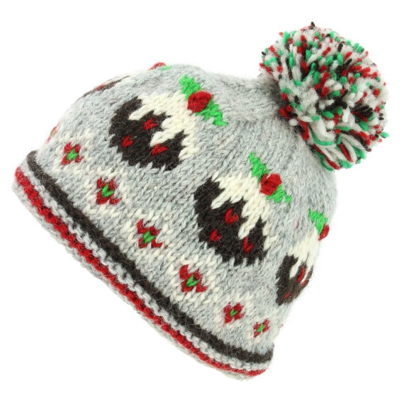 Hand Knitted Christmas Pudding Wool Beanie Bobble Hat Lined Warm