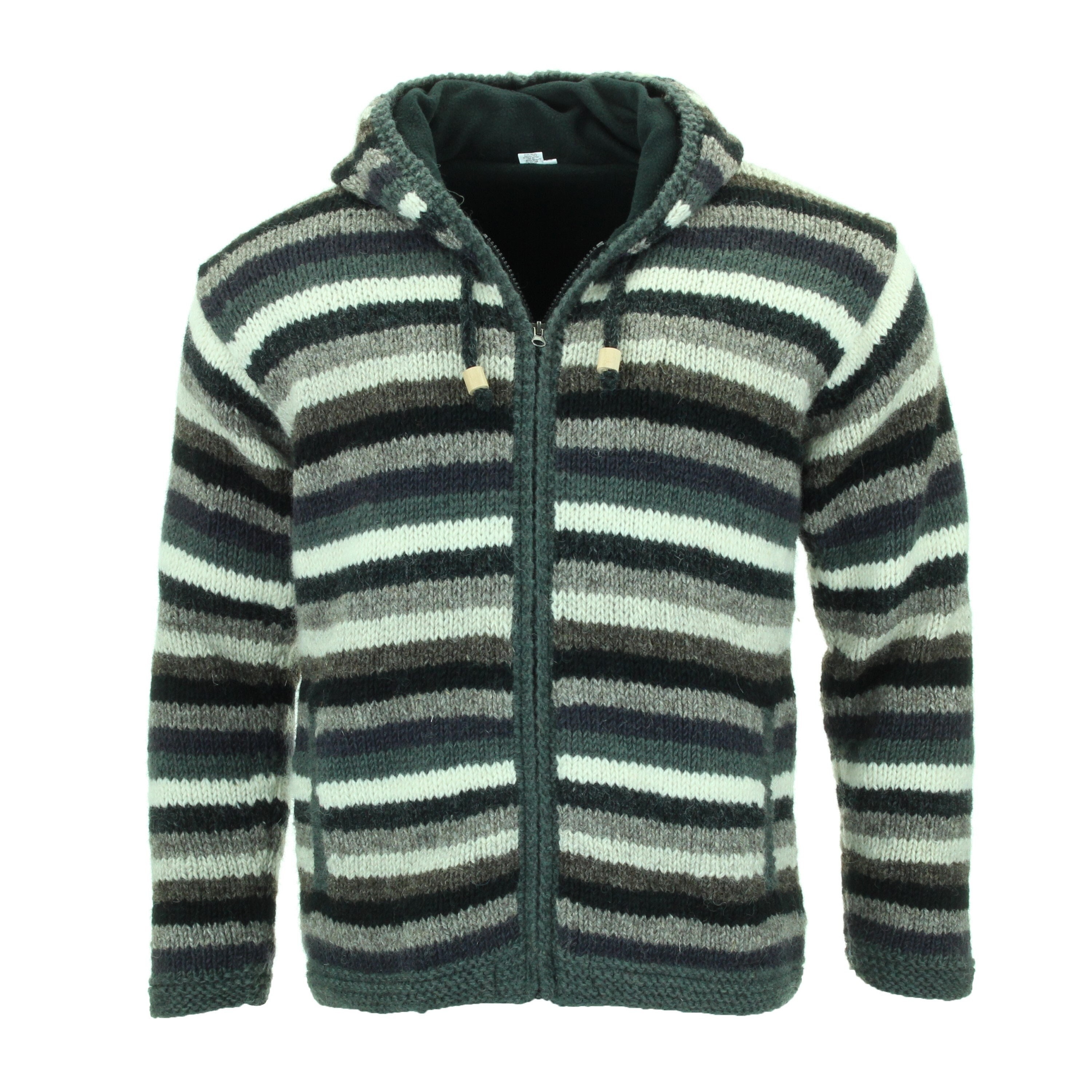 Hand Knitted Wool Cardigan Fleece Lined Zip Jacket Grey White Oatmeal  Striped Hoodie Warm Woolly Winter Nepal Handmade Men Women Unisex -   Canada