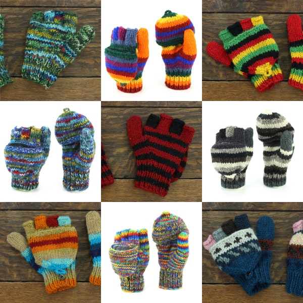 Hand Knitted Chunky Wool Knit Mittens Fingerless Shooter Gloves Bright Rainbow Space Dye Mix Striped Pattern Mitts Boho Hippie Handwarmers