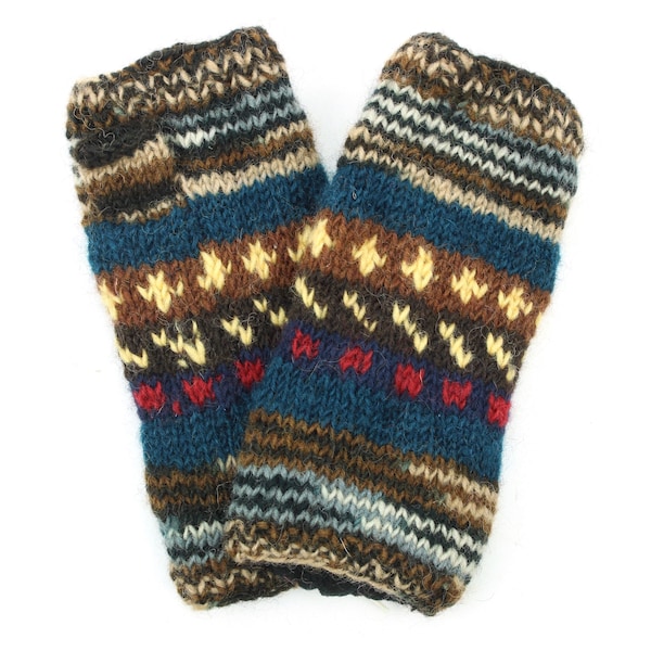 Hand Knitted Warm Wool Fleece Lined Handwarmers Bright Striped 17 Brown Wrist Arm Warmers Fingerless Gloves Chunky Knit Mittens Men Women