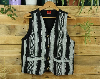 Waistcoat BLACK & WHITE Vest Cotton Canvas Hippie Boho Suit Mens Ladies Unisex