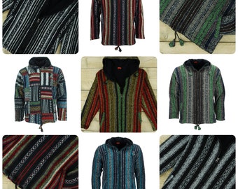 Fleece Lined Soft Brushed Cotton Hooded Cardigan - Warm Nepalese Striped Diamond Pattern Hoodie Hippy Jacket Hoody Zip Pockets Unisex