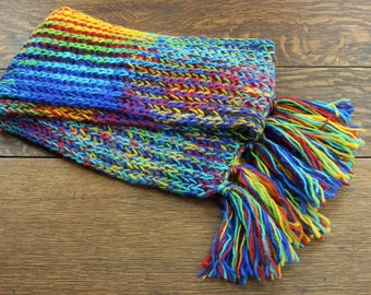 Hand Knitted Ribbed Wool Scarf Bright Colourful Rainbow Pattern Woolly Warm Winter Tassel Cosy Long Thick Chunky Rib Knit