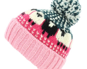 Hand Knitted Bright Pink Teal Sheep Wool Beanie Bobble Hat Fleece Lined Men Ladies Warm Knit Woolly Winter Lining Ribbed Brim