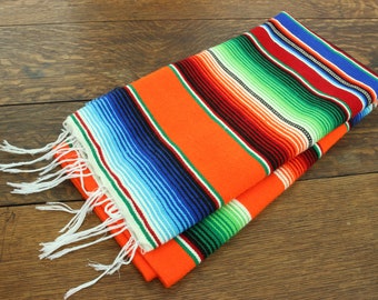 Handwoven Bright Orange Striped Mexican Serape Fringed Jorongo Blanket Shawl Cloak Colourful Serap Poncho Scarf Table Runner Latin American