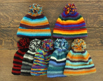 Hand Knitted Beanie Bobble Hat Fleece Lined Men Ladies Warm Winter Lining Black Rainbow Green