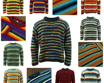 Hand Knitted Wool Jumper Bright Striped Warm Chunky Knit Loose 100% Wool Rolled Crew Neck Sweater Men Women Green Blue Red Black Rainbow