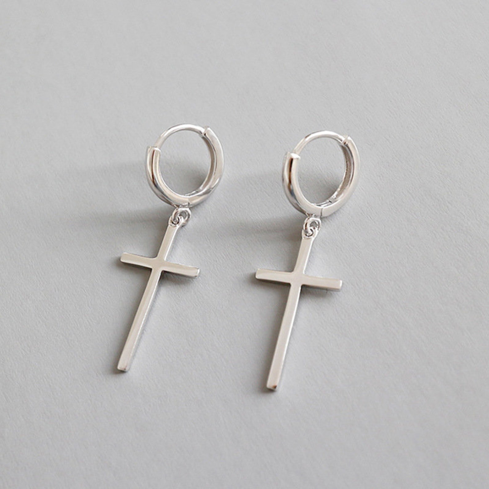 Minimalist Dangle Cross EarringsCross hoop earrings Real 925 | Etsy