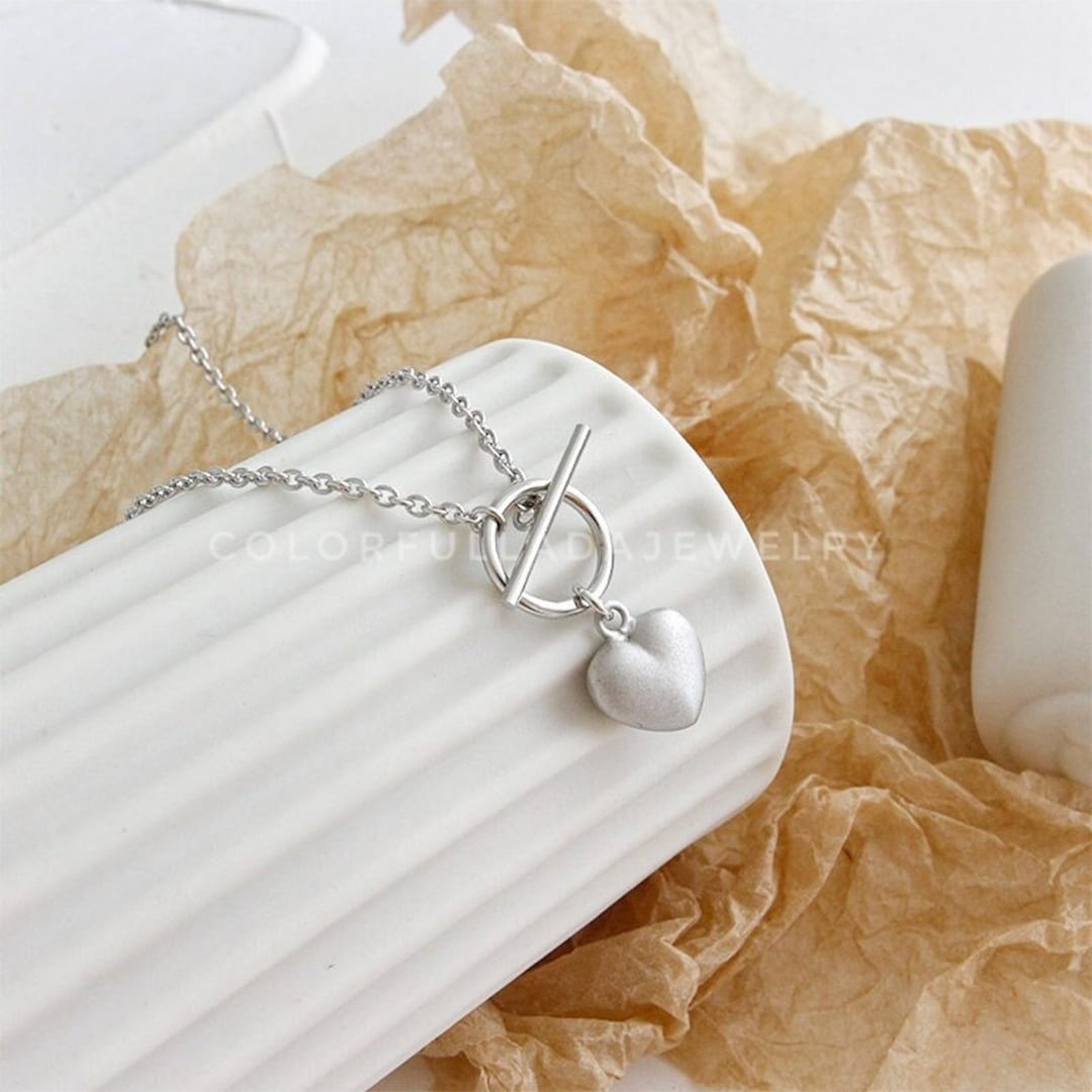 Toggle Clasp Necklace With Puffy Heart Charm Silver Heart Front Toggle ...