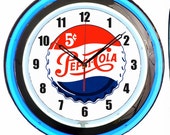 Pepsi Cola 5 Cents Bottle Cap Soda Pop 18 quot - 19 quot Double Neon Clock Blue Neon