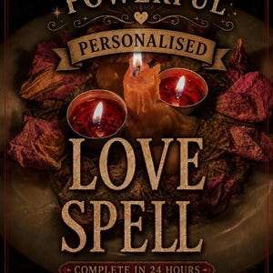 May include: A dark-themed graphic featuring the text POWERFUL PERSONALISED LOVE SPELL, COMPLETE IN 24 HOURS, and NO CONTACT AVOIDANT OBSESSION SPELL. The image displays a central lit pillar candle, two small red tea light candles, and dried rose petals.