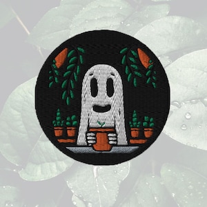Cute Ghost Plant Embroidered Patch – Iron-On or Sew-On 3” Halloween Applique for Plant Lovers, Spooky Cute Jacket or Bag Patch