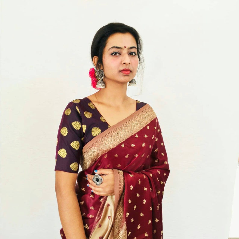Red wine colour-woven saree of cotton silk Indian traditional wear-can be worn from both side