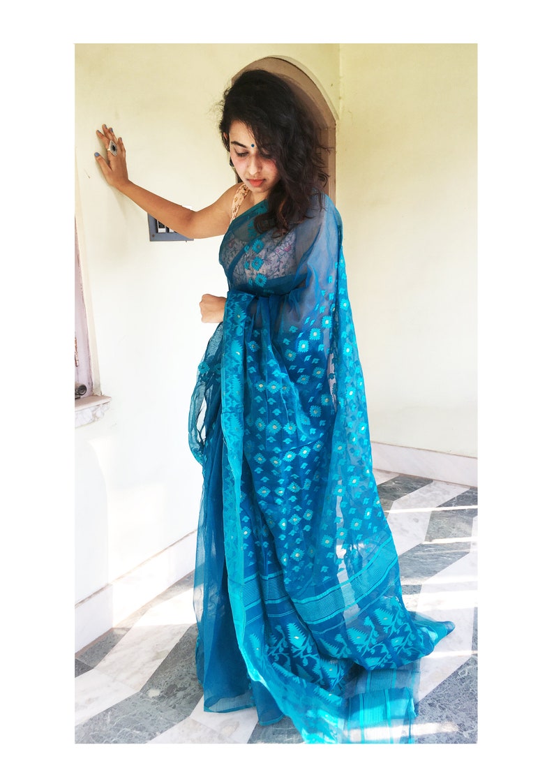 Blue bengali jamdani saree handloom of bengal handweaved Etsy