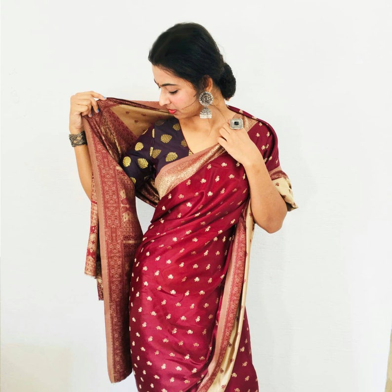 Red wine colour-woven saree of cotton silk Indian traditional wear-can be worn from both side