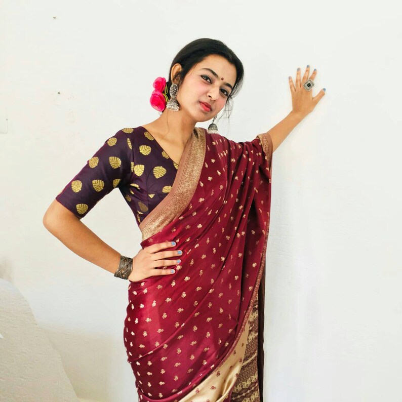 Red wine colour-woven saree of cotton silk Indian traditional wear-can be worn from both side