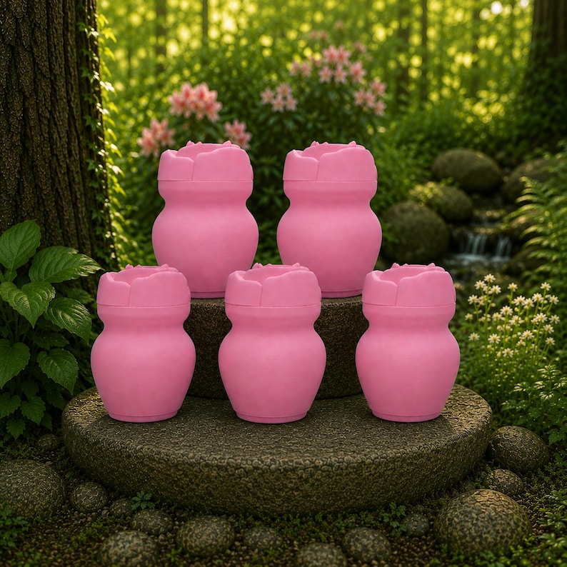 May include: Five pink, flower-shaped vases are displayed on a stone surface in a garden. The vases have a rounded body and a flared, petal-like top. The background features lush greenery and a small waterfall.