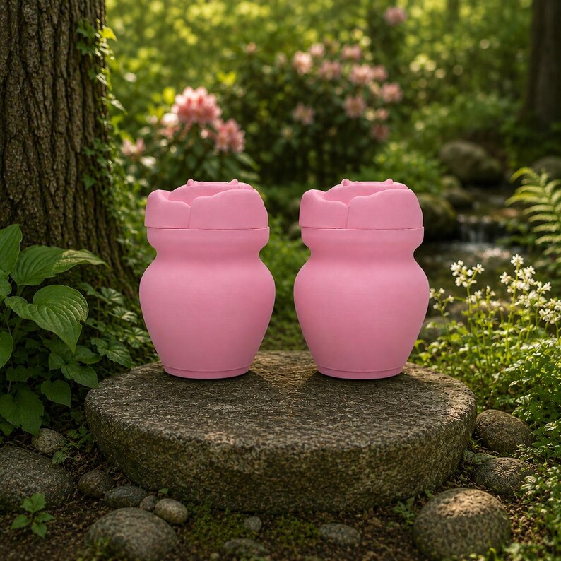 May include: Two pink urns, shaped like flowers, are displayed on a stone in a garden. The urns have a rounded body and a flower-shaped lid. The background shows green foliage, trees, and a small stream.