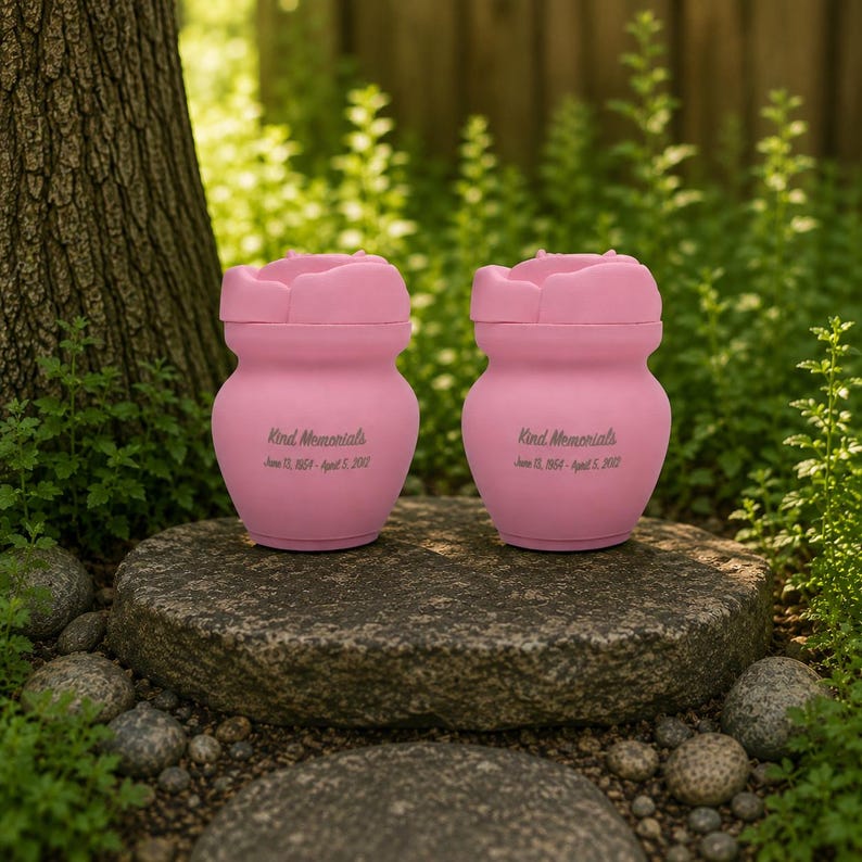 May include: Two pink urns with a flower-shaped lid, sitting on a stone. The urns have the text "Kind Memorials" and dates. The background features green foliage and a tree trunk.
