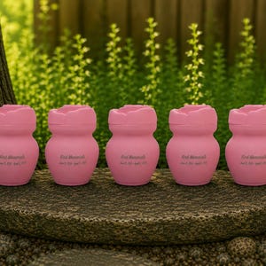May include: Five pink urns, shaped like flowers, are arranged on a stone surface. Each urn has a rounded body and a petal-like top. Text is visible on the front of each urn. The background includes greenery and a tree trunk.