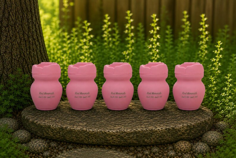May include: Five pink urns, shaped like flowers, are arranged on a stone surface. Each urn has a rounded body and a petal-like top. Text is visible on the front of each urn. The background includes greenery and a tree trunk.