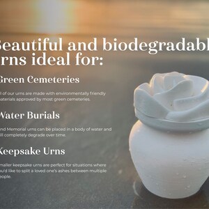 May include: White biodegradable urn shaped like a rose. The text reads "Beautiful and biodegradable urns ideal for: Green Cemeteries, Water Burials, Keepsake Urns".