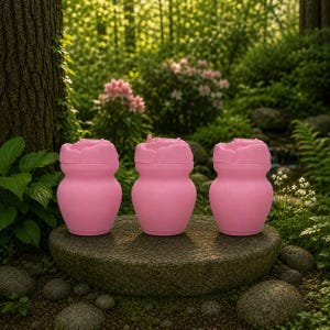 May include: Three pink decorative vases with a flower-like design on top are displayed on a stone surface. The vases have a rounded body and a narrow neck. The background features lush greenery, including trees and flowering plants.