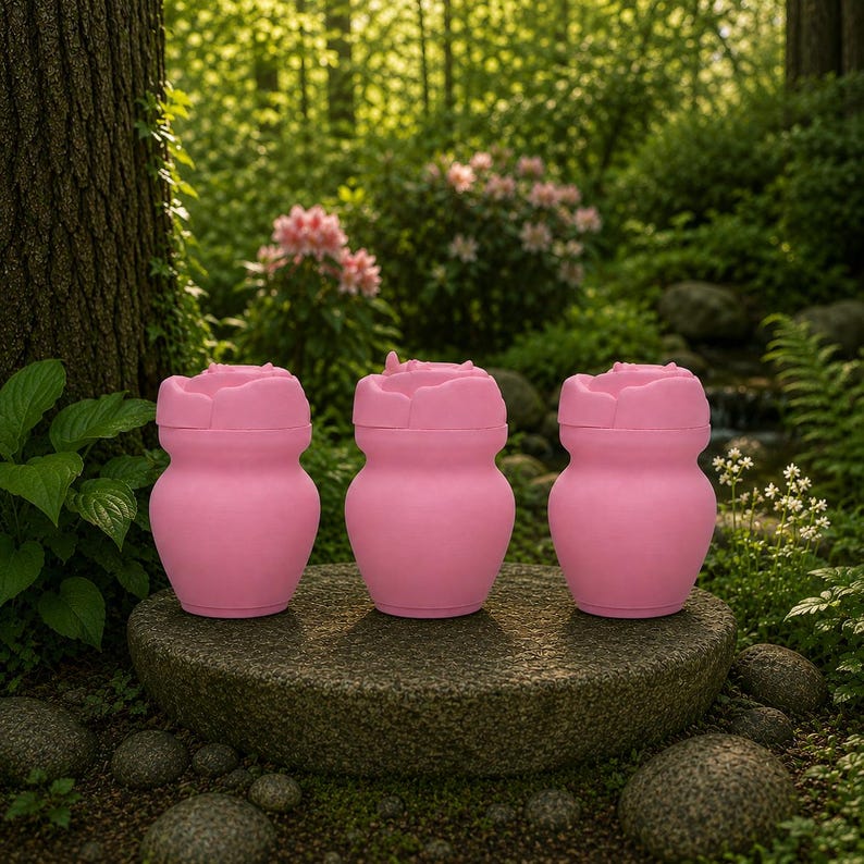 May include: Three pink decorative vases with a flower-like design on top are displayed on a stone surface. The vases have a rounded body and a narrow neck. The background features lush greenery, including trees and flowering plants.