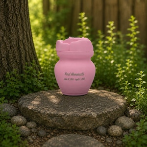 May include: A pink memorial urn with a flower-shaped lid, placed on a stone. The urn is inscribed with "Kind Memorials" and a date. The background features a natural outdoor setting with greenery and a tree trunk.