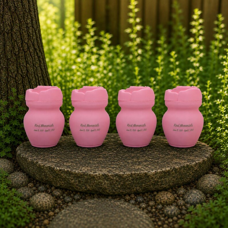 May include: Four pink urns with flower-shaped lids are displayed on a stone surface, surrounded by greenery. Each urn has the inscription "Kind Memorials" and a date. The urns are a soft pink colour.