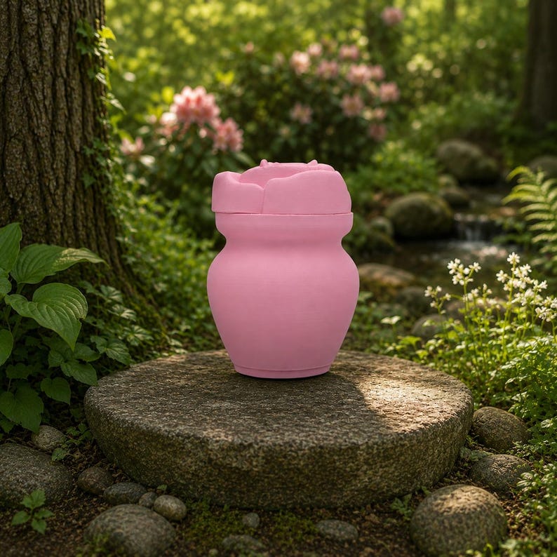 May include: A pink ceramic urn with a flower-shaped lid, set on a stone in a garden. The urn has a rounded body and a flared top. The background includes greenery, a stream, and pink flowers.
