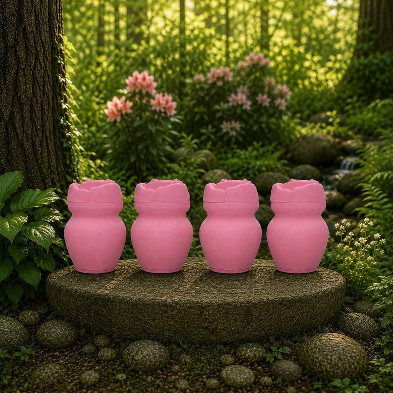 May include: Four pink, flower-shaped containers are displayed on a stone surface in a garden. The containers have a rounded body and a scalloped top, resembling a blooming flower. The background features lush greenery and a small waterfall.