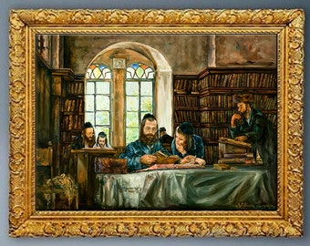 Jewish Study Art: Father & Sons Torah Print, Judaica Realism