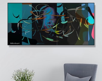 Könnte beinhalten: Abstrakter Kunstdruck in einem schwarzen Rahmen. Das Kunstwerk zeigt eine Mischung aus türkisen, schwarzen und blauen Formen mit farbigen Linien und Formen. Ein grauer Sessel mit passendem Kissen steht neben einem kleinen weißen Tisch mit einer Topfpflanze.