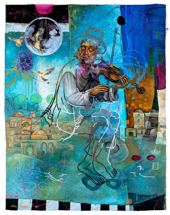 Violinist Painting: Modern Judaica Art Print by Natan Cooper