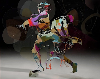 May include: Abstract painting of two figures in a dynamic pose, with a colorful, layered style. The figures are outlined in black and filled with vibrant colors, including pink, purple, orange, and blue. The background is a dark, starry night.