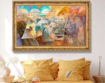 Jerusalem Oil Painting: Large Abstract Jewish Wall Art