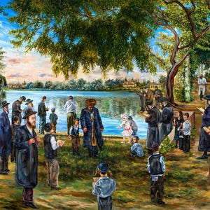 Tashlich Canvas Print, Judaic Realism Art, Rosh Hashana Wall Art, Jewish Holidays, Israel Artist Natan Cooper
