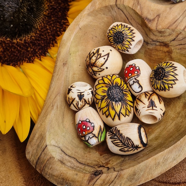 Sunflower dreadlock bead, dread bead, various size beads, macramé beads, wooden beads, dreadlock accessories, pyrographed beads, hair bead