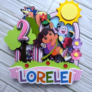 May include: A colorful, layered birthday cake topper featuring Dora the Explorer and Boots, a sun, rainbow, and the number 2. The name "Lorelei" is displayed in a banner at the bottom, with a green and pink grass border.