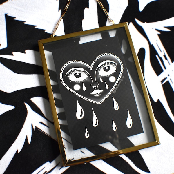 Crying Heart Black and White Tattoo Print - Gothic Print Sad Face